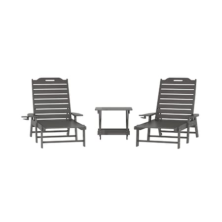 Flash Furniture Monterey 3-Pc Adirondack Set w/2 Adjustable HDPE Loungers w/Cup Holders and Folding Side Table, Gry LE-HMP-2017-2-T1620H-GY-GG